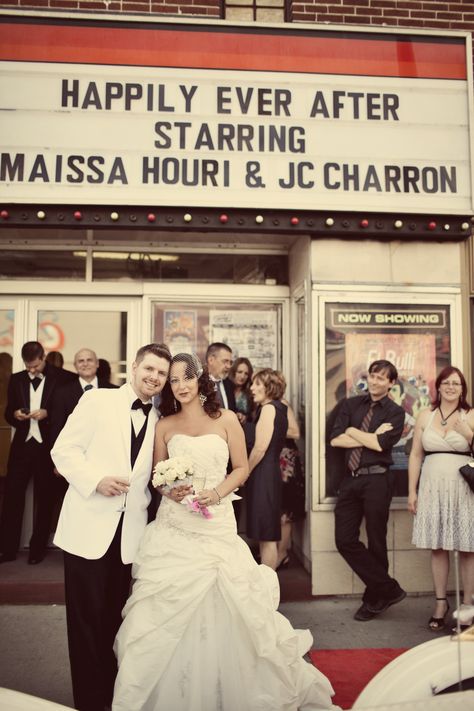 Our names on the marquee -movie theatre wedding Movie Theater Wedding Reception, Theatre Wedding Ideas, Theatre Wedding Theme, Theatre Themed Wedding, Movie Theatre Wedding, Wedding Theatre, 1920s Wedding Decorations, 50s Wedding Theme, Movie Theater Wedding