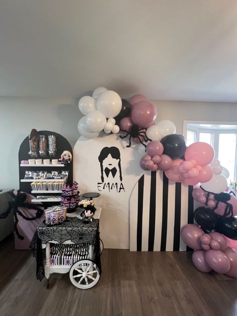 Birthday Party Wednesday Theme, Wednesday Addams Theme Party Ideas, Wendsday Birthday Party Decor, Wednesday Birthday Backdrop, Wednesday Party Backdrop, Wednesday Addams Pool Party, Spooky Bday Party, Wednesday Adams Birthday Party Theme, Wensday Birthday Party Ideas