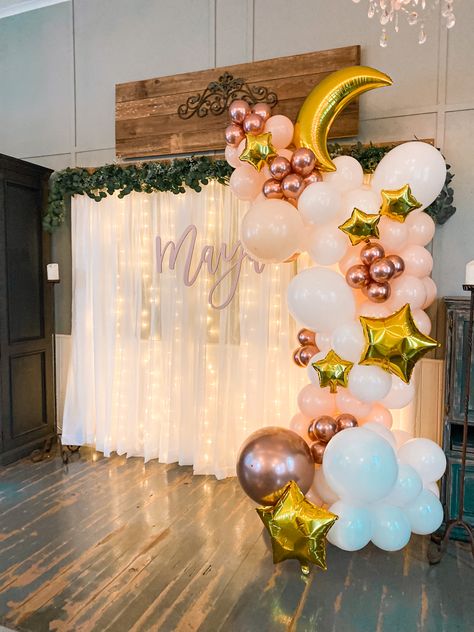 Star Balloon Backdrop, Star Balloon Arch, Star Balloon Garland, Baby Shower Balloon Garland, Baby Shower Balloon Arch, Moon Balloon, Balloon Creations, Gender Reveal Themes, Moon Baby Shower