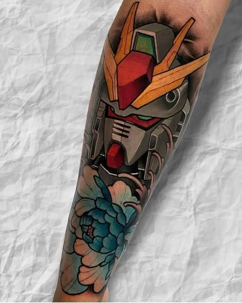 Gundam Tattoo, Wing Tattoo Ideas, Neo Traditional Chest Tattoo, Arm Tattoos Color, Neo Traditional Roses, Traditional Tattoo Reference, Colored Tattoo, Doctor Tattoo, Pikachu Tattoo