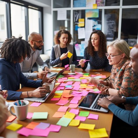 Team Brainstorming Session: Diverse group of professionals engaged in a collaborative brainstorming session with colorful sticky notes on table. #teamwork #collaboration #office #professionals #meeting #brainstorming #sticky notes #discussion #aiart #aiphoto #stockcake https://ayr.app/l/9rhV Team Working Photography, Office Photoshoot Ideas Group, Meeting Photoshoot, Professional Group Photos, Corporate Moodboard, Team Brainstorming, Company Photoshoot, Office Photography, 2025 Goals