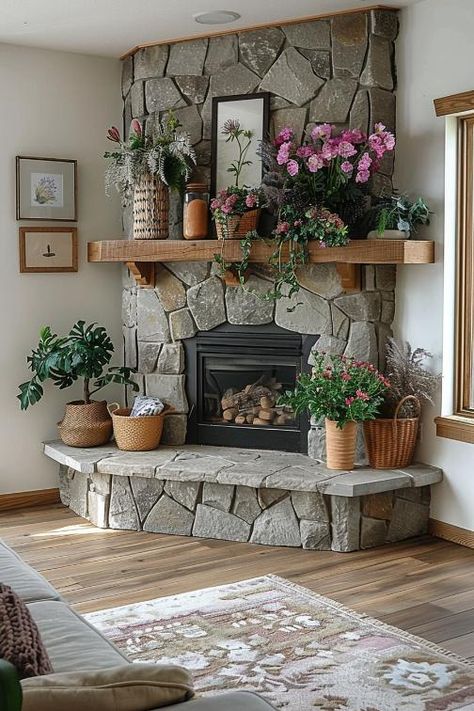 Hello Hayley Inside Of Fireplace Ideas, Indoor Brick Fireplace, Corner Stove Fireplace, Chimney Living Room, Corner Gas Fireplace Ideas, Fireplace Stone Ideas, Warm Rustic Living Room, Corner Stone Fireplace, Corner Fireplace Makeover