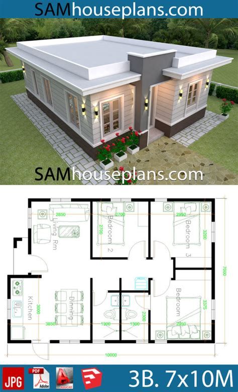 House Design 7x10 With 3 Bedrooms Terrace Roof - House Terrace Roof, Rumah Minecraft Sederhana, Flat Roof House, Affordable House Plans, House Roof Design, Two Story House, Modern Bungalow House, Building Plans House, Simple House Design