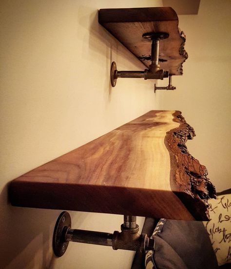 2,179 Likes, 52 Comments - barnboardstore.com (@barnboardstore) on Instagram: “Dual live edge shelves we made for a Toronto area client - for these, we split a nice live edge…” Live Edge Shelves, Tv Stand Shelves, Custom Wood Furniture, Walnut Shelves, Wood Supply, Live Edge Furniture, Pipe Furniture, Wood Wall Shelf, Reclaimed Wood Wall