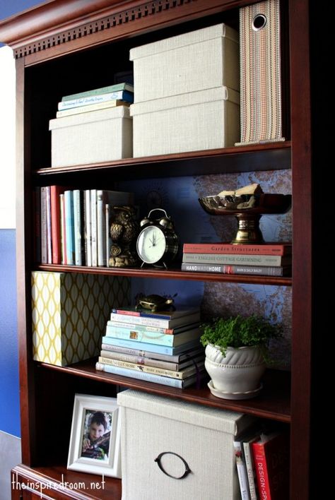 Lighten Up A Dark Bookcase -- without paint! {Home Office Makeover} - The Inspired Room Dark Bookcase, Dark Bookshelves, Dark Wood Bookcase, Home Office Makeover, Lots Of Books, Paint Cabinets White, Decorating Bookshelves, Bookshelf Organization, Bookcase Styling