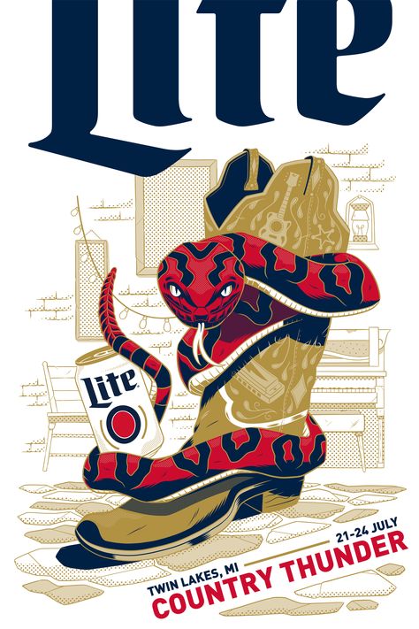 Poster & illustration work for Miller Lite created in 2016. Vintage Miller Lite Poster, Miller Lite Tattoo Ideas, Miller Lite Tattoo, Ian Jepson, Hotrod Tattoos, Country Music Poster, Red Dorm, Fraternity Coolers, Country Thunder