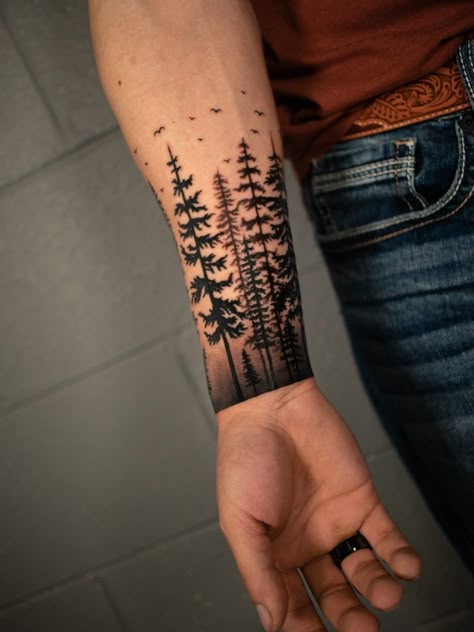 Check me out on Instagram! @jokerstatts432 Pine Tree Arm Band Tattoo, Forest Band Tattoo, Forest Leg Tattoo, Forearm Tattoo For Men, Forest Forearm Tattoo, Ems Tattoos, Tattoo Pierna, Tattoo Band, Forest Tattoo