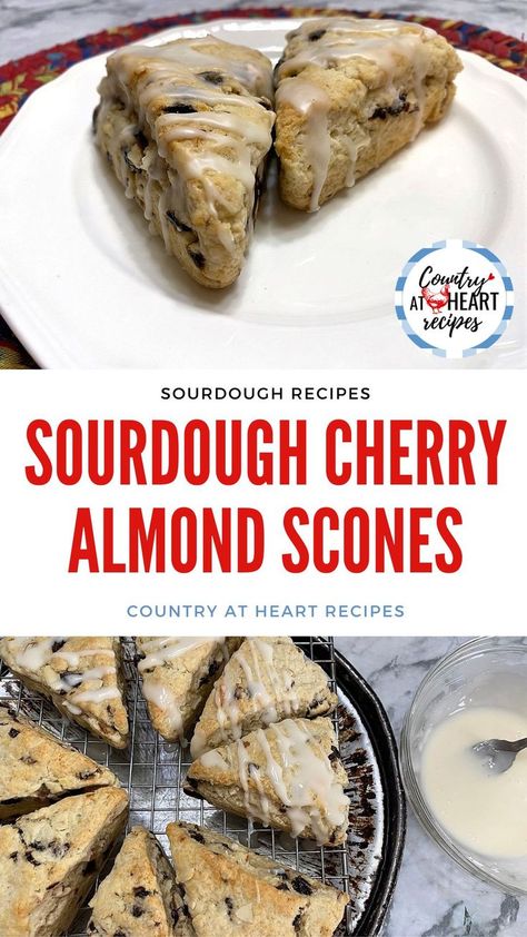 This recipe for Sourdough Cherry Almond Scones is so delicious, my husband requests that I make them often. The dried cherries and almonds compliment the sourdough and give the scones great flavor. #sourdoughcherryalmondscones #sourdoughscones #cherryscones #scones #sourdoughrecipes #unfedsourdough #sourdoughstarter #driedcherries #almondslices #brunch #teaparty #countryatheartrecipes Dried Cherry Muffins, Scones Sourdough, Cherry Almond Scones, Brunch Tea Party, Almond Scones, Cherry Scones, Recipe Using Sourdough Starter, Cherry Muffins, Sourdough Starter Discard Recipe