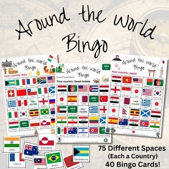 Around The World Bingo Game!  Countries, Flags, Geography, Social Studies & Fun! International Club Activities, Multicultural Fair At School, Geography Party, Bingo Fundraiser, Multicultural Night, Dragon Festival, Around The World Games, Custom Bingo Cards, Summer Bingo