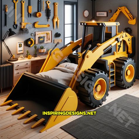 Kids Truck Bed, Construction Theme Rooms, Bulldozer Bed, Digger Bedroom, Car Games For Kids, Construction Bedroom, Cool Kids Bedrooms, Boys Rooms, Playset Outdoor