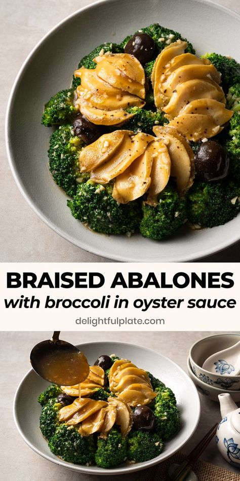 a plate of braised abalone and broccoli in oyster sauce How To Cook Abalone, Abalone Recipe, Seafood Lunch, Chinese Cooking Recipes, Savory Sauce, Chinese Cooking, Oyster Sauce, Asian Cooking, Breakfast Lunch Dinner