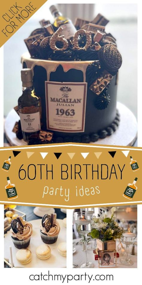 Check out this incredible whiskey-themed 60th birthday party! The cake is fantastic! Share more party ideas and share yours at CatchMyParty.com Mans 60th Birthday Party Themes, Vintage Theme Birthday Party For Men, 50th Birthday Party Ideas Men, 60th Birthday Party Ideas For Husband, 60 Th Birthday Party Ideas For Men Decoration, 60th Birthday For Him, Whiskey Themed Birthday Cake, Bourbon Themed Party, Whiskey And Cigars Birthday Theme