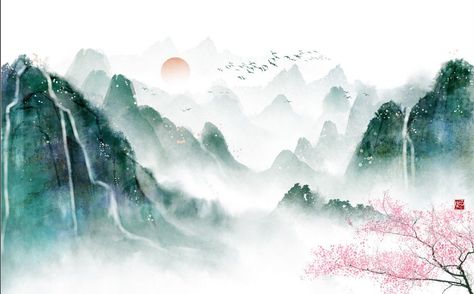 China Scenery, Landscapes Wallpaper, Chinese Background, Chinese Wallpaper, Chinese Illustration, Chinese Art Painting, Watercolor Mountains, China Art, Painting Wallpaper