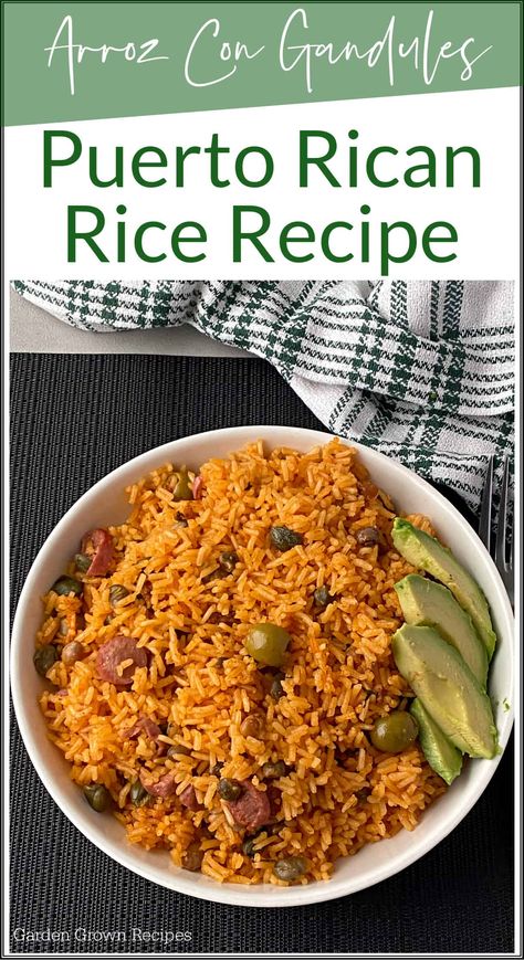 This Puerto Rican rice recipe is a family favorite and a versatile dish because it pairs well with so many other Puerto Rican dishes. Rice And Gondolas Recipe, Puerto Rican Rice And Pigeon Peas, Puerto Rican Arroz Con Gandules, Puerto Rico Rice, Arroz Con Gandules Puerto Rican Recipe, Puerto Rican Rice Recipe, Arroz Con Gandules Puerto Rican, Puerto Rican Recipes Rice, Gourmet Sandwiches Recipes