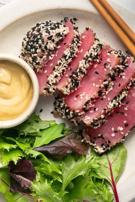 Sesame Crusted Air Fryer Tuna Steak | Every Last Bite Fresh Tuna Steak Recipes Air Fryer, Air Fryer Tuna Steak, Fresh Tuna Steak Recipes, Air Fryer Tuna, Sesame Crusted Tuna, Wasabi Mayo, Tuna Steak Recipes, Main Salad, Tuna Steak