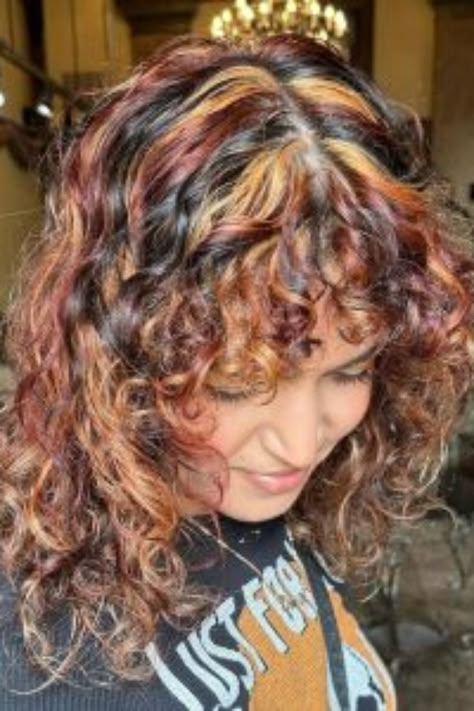 Curly Dark Calico Hair With Chunky Highlights Curly Hair Colored Ideas, Color Hair Ideas Curly, Reverse Ombre Curly Hair, Color Black Curly Hair, Calico Curly Hair Dye, Cherry Chocolate Highlights, Calico Cat Hair Color Curly, 3 Hair Colors Ideas, Hair Color Ideas For Curly Hair Dyes