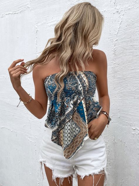 Scarf Print Shirred Tie Backless Bandana Hem Tube Top Blue Shirt With Jeans, Asymmetrical Hem Top, Fabric Scarf, Polyester Scarf, Scarf Top, Bow Back, Strapless Tops, Sporty Outfits, Women Tops