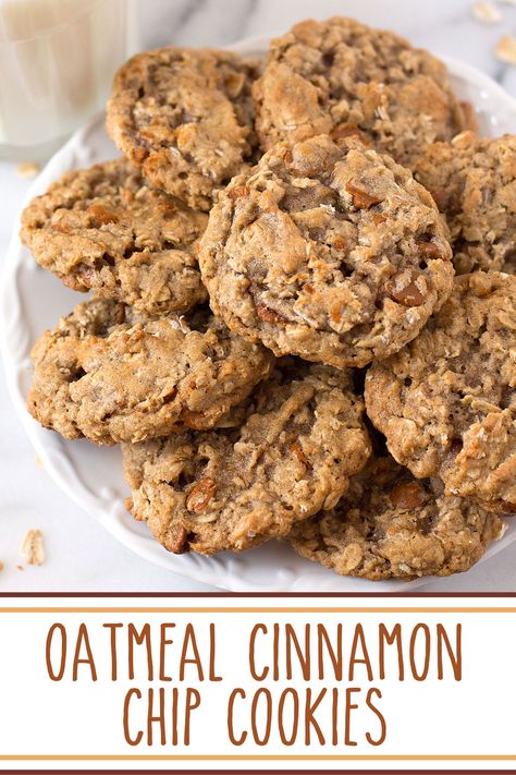 Oatmeal Cinnamon Chip #Cookies – soft and chewy #oatmealcookies kicked up a notch with the scrumptious addition of cinnamon baking chips; your favorite oatmeal cookie just got cinnamon-y better! #oatmealcinnamonchipcookies #cinnamonbakingchips via @SarahsBakeStudio Oatmeal Cookies With Cinnamon Chips, Cookies Using Cinnamon Chips, Oatmeal Raisin Cinnamon Chip Cookies, Cinnamon Chip Oatmeal Cookies, Cinnamon Oatmeal Chocolate Chip Cookies, Cinnamon Chip Desserts, Cinnamon Chip Cookies Recipes, Oatmeal Cinnamon Chip Cookies, Cinnamon Chips Recipes Baking