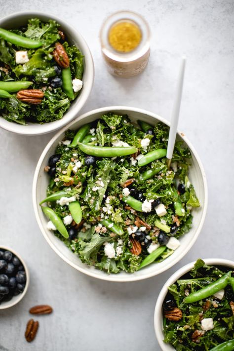 Massaged Kale Blueberry Salad from Kroll's Korner: Superfood kale salad with a homemade vinaigrette, plump blueberries, bulgur, feta cheese, and pecans! It is the perfect antioxidant rich vegetarian side dish for any time of year! #kalesalad #massagedkale #blueberrysalad Kale Mozzarella Salad, Kale Couscous Salad, Kale And Bulgur Salad, Kale Blue Cheese Salad, Kale Cranberry Walnut Salad, Massaged Kale Salad, Homemade Vinaigrette, Blueberry Salad, Massaged Kale