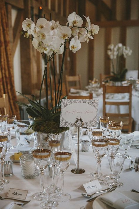 Orchid Centrepiece in The Great Barn Surrey - McKinley Rodgers Photography | Rustic Wedding at Gate Street Barn, Surrey | Suzanne Neville Wedding Dress | Pink Peony Bouquet | Story Catchers Films Orchids At Wedding, Orchid Wedding Decor, Orchid Centrepiece, Orchid Wedding Theme, Orchid Centerpieces Wedding, Suzanne Neville Wedding Dress, Pink Peony Bouquet, Suzanne Neville Wedding Dresses, Wedding Dress Pink