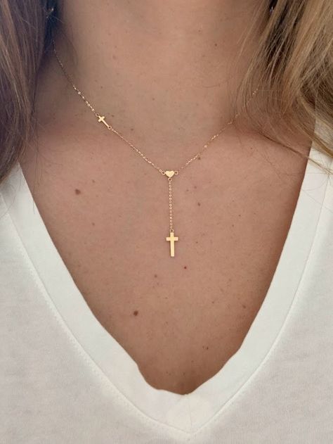 14K Gold Multi Cross and Circles Necklace | Layering Necklaces | Minimalist Jewelry | Cross Necklace |REAL GOLD | Lariat Necklace  14K Gold Lariat Necklace with two crosses and a heart charm. Beautiful, elegant and dainty. Perfect dainty and classy gift! ♦ Materials: 14K Gold ♦ Available colors: 14K Yellow Gold   ♦ Necklace Measurements: Necklace 16" with a 2" extension total length 18", 1MM wide chain ♦ Pendant Measurements: Big Cross: 15MM by 7MM, Small Cross, 8MM by 5MM Heart: 5MM by 4MM Appr Jewelry Cross Necklace, Necklaces Minimalist, Necklace Measurements, Big Cross, Cross Jewelry Necklace, Jewelry Cross, Gold Lariat Necklace, 14k Yellow Gold Necklace, National Holiday