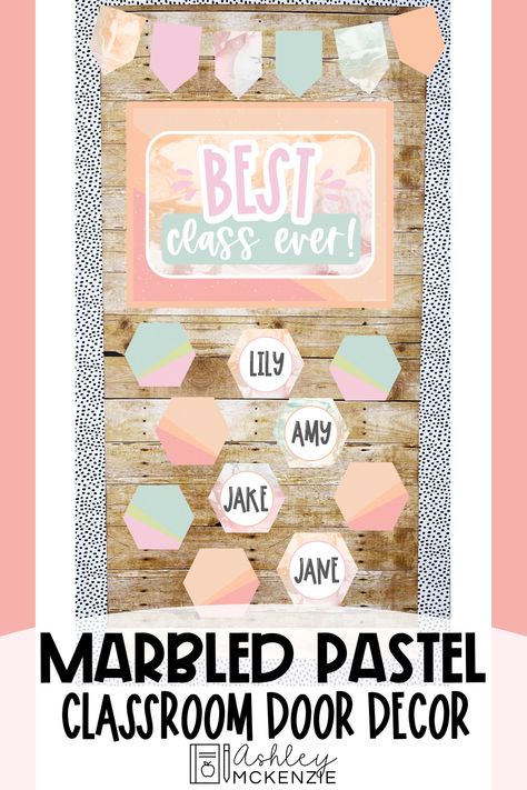 A classroom door decorated for back to school with a marbled pastel theme, featuring a sign that says "Best Class Ever!" Marble Classroom Theme, Pastel Classroom Decor, Pastel Classroom, Classroom Door Decor, Ashley Mckenzie, Hallway Displays, School Doors, Pastel Theme, Door Decorating