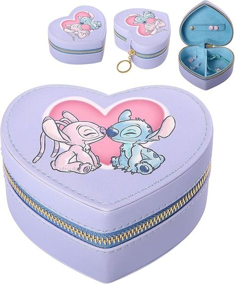 Amazon.com: SALLY ROSE Stitch and Angel Travel Jewelry Case Official License, Heart-Shaped Mini Jewelry Box with Zipper, Small Jewelry Organizer : Clothing, Shoes & Jewelry Angel And Stitch, Rose Stitch, Angel Purple, Mini Jewelry, Travel Jewelry Organizer, Timeless Brand, Stitch Gift, Leather Jewelry Box, Stitch And Angel