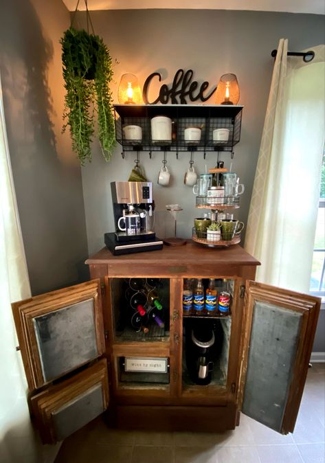 I found this antique ice box at an estate sale several years ago and finally put it in the house when we moved a couple of years ago. I recently turned it into my coffee/wine bar and I absolutely love it! Ice Coffee Station, Ice Coffee Bar, Antique Coffee Bar, Antique Ice Box Ideas, Coffee And Wine Bar Ideas, Beverage Station Kitchen, Vintage Ice Box, Antique Ice Box, Coffee/wine Bar