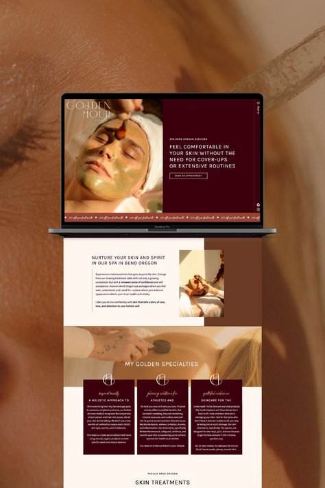 Golden Hour Esthetics is a sanctuary for self care and skin health. This esthetician website design is built to last for licensed esthetician, Lurlyn Hasselblad. The design feels uplifting, welcoming, and down-to-earth. Skin Care Website Design, Esthetician Website, Skin Care Website, Licensed Esthetician, Showit Website Design, Web Design Projects, Brand Strategist, Website Design Layout, Showit Website