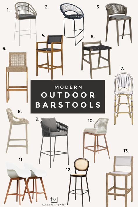 Modern Outdoor Barstools - Taryn Whiteaker Designs Outdoor Barstool Ideas, Modern Transitional Dining Room, Modern Rustic Dining Table, Outdoor Barstools, Transitional Dining Room, Outdoor Kitchen Bars, Patio Bar Stools, Outdoor Entertaining Spaces, Outdoor Stools