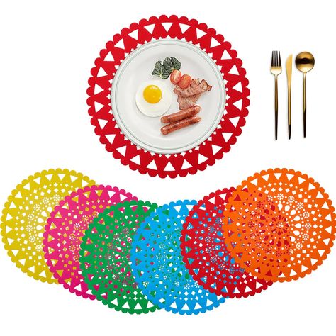 PRICES MAY VARY. ✿Vibrant Fiesta Party Decorations: 36 pieces of Mexican paper placemats, 6 colors, 6 pieces for each color. Add a pop of color to your fiesta celebration with our Fiesta Paper Place Mats! These colorful placemats are perfect for creating an eye-catching and festive atmosphere at any fiesta party. ✿Practical and Disposable: Made of high-quality paper, these placemats are not only visually appealing but also practical. They protect your table from spills and stains while still bei Fiesta Table Centerpieces, Mexican Wedding Table Decor, Fiesta Table Decorations, Hacienda Party, Elegant Mexican Theme Party, Colorful Placemats, Mexican Papel Picado, Fiesta Decor, Table Florals