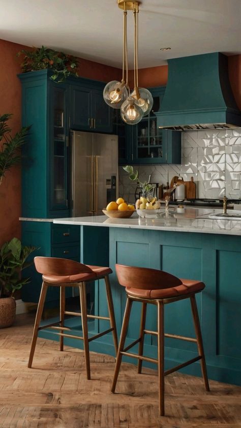 Create a lively and eclectic open kitchen with teal cabinetry and terracotta walls. Perfect for a bohemian or vintage aesthetic. #TealKitchen #TerracottaDecor #BohoKitchenStyle Earthy Blue Kitchen, Teal And Terracotta Kitchen, Teal Copper Kitchen, Boho Kitchen Colors Schemes, Teal And Wood Kitchen, Kitchen Pop Of Color, Mexican Modern Kitchen, Teal And Terracotta, Yellow Living Room Ideas