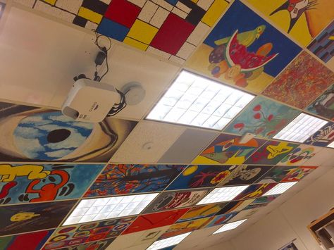 Ceiling Tiles Painted School, Painting Ceiling Tiles, Painted Ceiling Tiles, Ceiling Tile Art, Ceiling Tiles Ideas, Tile Art Ideas, Ceiling Tiles Art, Ceiling Tiles Painted, Classroom Ceiling