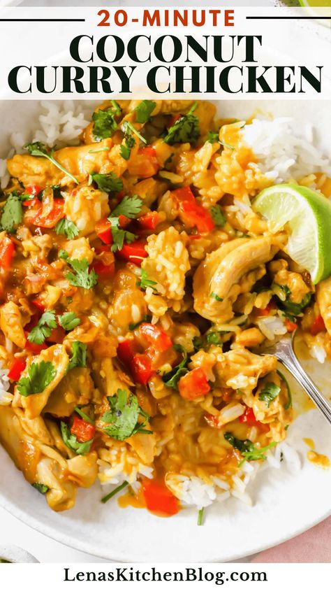 This coconut curry chicken is creamy, comforting, and flavor-packed! Tender chicken pieces are bathed in a sauce featuring rich coconut milk and zesty curry spices. This recipe is versatile enough to pair with rice, bread, or vegetables, perfect for a family dinner or a special occasion. Red Coconut Curry Chicken, Chicken With Coconut Rice, Creamy Coconut Curry, Coconut Curry Chicken Recipes, Chicken Curry Recipe Easy, Coconut Chicken Curry, Curry Chicken And Rice, Coconut Milk Chicken, Chicken Broth Recipes