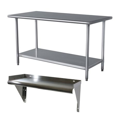 Stainless Steel Work Table and Adjustable Galvanised Metal Work Shelf Set Farmhouse Kitchen Inspiration, Stainless Steel Work Table, Farmhouse Decor Kitchen, Modern Kitchen Island, Stainless Steel Table, Chic Farmhouse, Steel Shelf, Under The Table, Steel Table