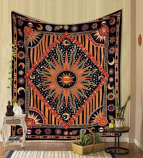 Hippie Room Decor Bohemian, Celestial Poster, Hippie Dorm, Sun Tapestry, Celestial Tapestry, Burning Sun, Sun And Moon Tapestry, Trippy Tapestry, Tie Dye Tapestry