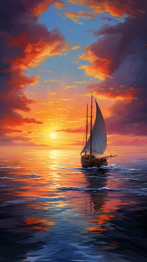 Sailboat Sunset Painting, Sunset Boat Painting, Sunset Canvas Painting, Fireworks Pictures, Colorful Landscape Paintings, Unique Canvas Art, Sailing Art, Waterfall Paintings, Sailboat Art