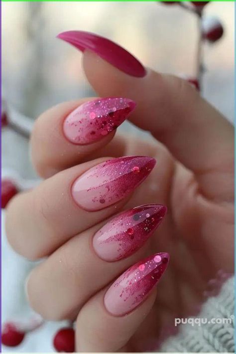 Red Or Pink Nails, Pink Nail Extension Designs, Cute Valentines Day Nails Pink, Nail Pink Ombre, Pink Nails Ideas Glitter, Pink Glitter Ombre Nails, Pink Design Nails, Pink Ombre Nails Glitter, Pink Red Nails