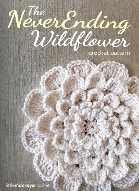 I've got a great new flower pattern and tutorial for you! I've been brainstorming how to make a "giant flower" for a while, and I'm finally happy with what I've come up with. I'm loving this flower and am so exited about all of its potential uses. What makes this flower "never-ending" is how it i Wildflower Crochet, Crochet Puff Flower, Beau Crochet, Crochet Embellishments, Confection Au Crochet, Crochet Simple, Knitted Flowers, Crochet Motifs, Little Monkeys