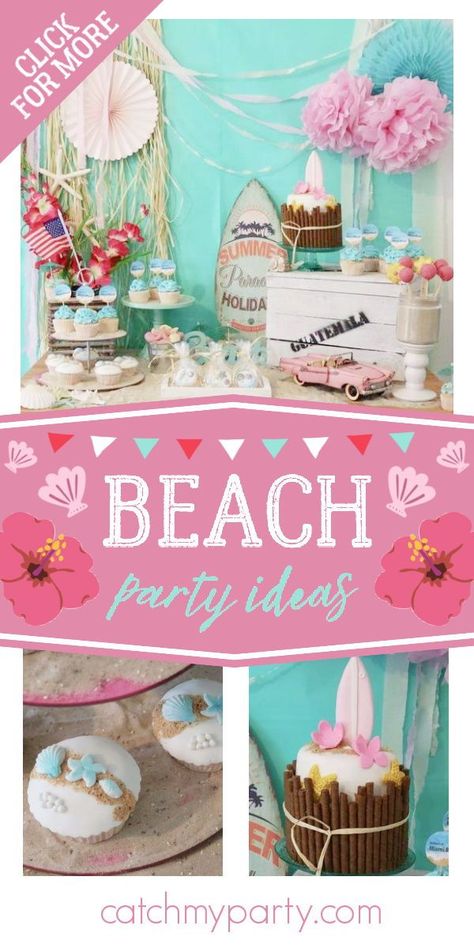 Take a look at this gorgeous Miami Beach-inspired birthday party! Love the birthday cake! See more party ideas and share yours at CatchMyParty.com Beach Inspired Birthday Party, 40th Birthday Beach Theme, Beachy Birthday Party, Beach Themed Birthday Party, Backyard Beach Party, 13th Birthday Party Ideas For Girls, Beach Bday, Hawaii Birthday Party, Beach Birthday Decorations