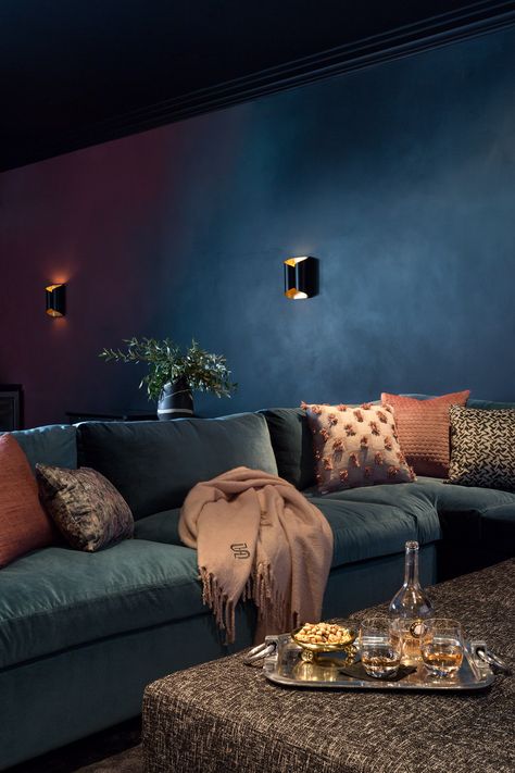 These Basement Paint Colors Will Make Your Walls Feel Both Timeless and Fresh | Hunker Media Room Paint Colors, Basement Movie Room, Basement Paint Colors, Contemporary Basement, Basement Painting, Home Theater Room Design, Blue Sectional, Theater Room Design, Media Room Design