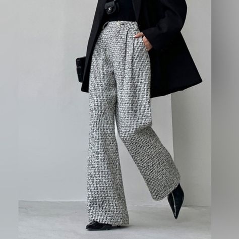 Tweed Wide Leg Dress Pants Spu: Oa231106115 - New With Tags - Black, White And Gray Tweed - Wide Leg - High Rise Measurements In Photos Tweed Pants, Womens Tweed, Wide Leg Dress Pants, Plain Style, Black Tweed, Wide Leg Linen Pants, Fit Pants, Wide Legs, Stretch Pants