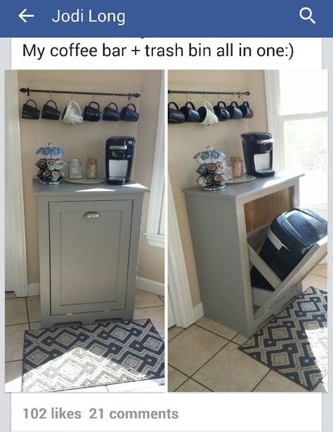 Coffee bar/hidden garbage can Kitchen Garbage Closet, Trash Can Hideaway Kitchens, Corner Garbage Can Cabinet, Garbage Can Enclosure Kitchen, Trash Can Coffee Bar, Tiny Coffee Bar Ideas, Garbage Bin Kitchen Cabinet, Coffee Bar With Trash Can, Coffee Bar Trash Can