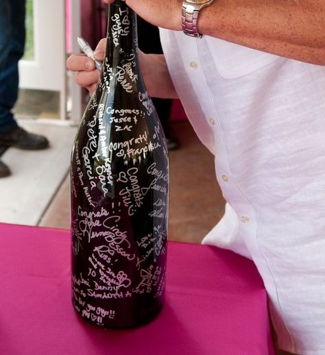 Have friends and family sign a bottle of champagne (or wine) at your house warming party and/or their first visit. Save for decor or to use as a vase. Works nicer if you just ask for their first and last name. May do a pitcher .... gig em! ;) Wine Bottle Guest Book, Hen Night Ideas, Wedding Guest Book Unique, Wine Theme, Housewarming Party, Hen Party, Over The Top, Wedding Guest Book, Wedding Shower