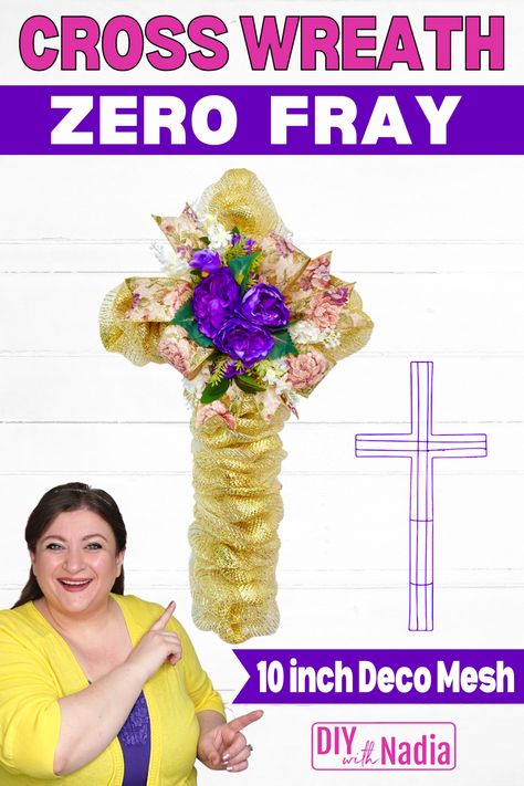 How to make a Cross Wreath ZERO FRAY Deco Mesh Method | Easter Spring DIY Tutorial Deco Mesh Cross, Cross Wreath Diy, Mesh Cross, Easter Wreath Diy, Cross Wreath, Rose Wreath, Spring Diy, Easter Treats, A Cross