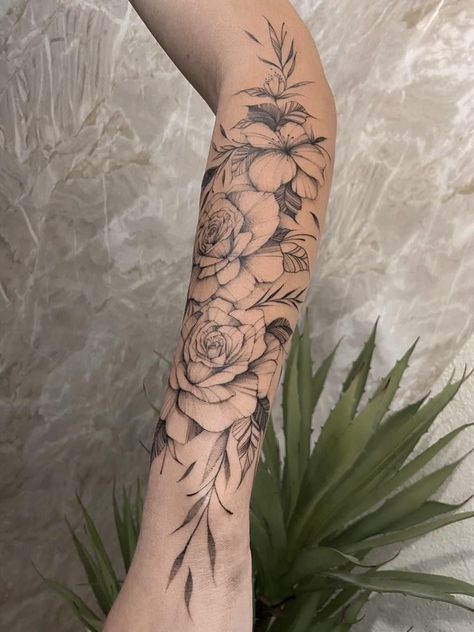 Tattoo Sleeve Women Fine Line, Fine Line Rose Tattoo Arm, Inner Forearm Flower Tattoo, Half Sleeve Forearm Women, Floral Forearm Tattoo Half Sleeves, Rose Arm Sleeve, Floral Forearm Tattoo Women, Forearm Flower Tattoo Women, Jesus Tattoos For Women