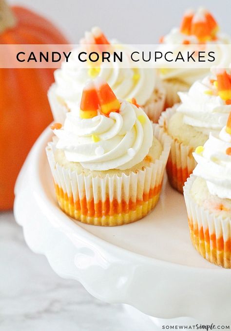 Candy Corn Cupcakes  Easy Festive Treat via @somewhatsimple Corn Cupcakes, Halloween Party Desserts, Candy Corn Cupcakes, Cupcakes Easy, Cake Mix Ingredients, Cupcake Mix, Fall Cupcakes, Cream Cheese Frosting Recipe, Delicious Cream