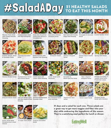 Learn to love salad again by joining us in a challenge to eat a salad every day for one month! We have 31 delicious and healthy recipes for a fresh salad idea each day. Plus get tips and new trend ideas for the best healthy salads you'll never get bored of! #saladaday #recipe #eatingwell #healthy Mexican Pasta Salad, Salads Ideas, Vinaigrette Salad, Resep Salad, Avocado Breakfast, Clam Recipes, Ambrosia Salad, Salad Ideas, Eat Salad