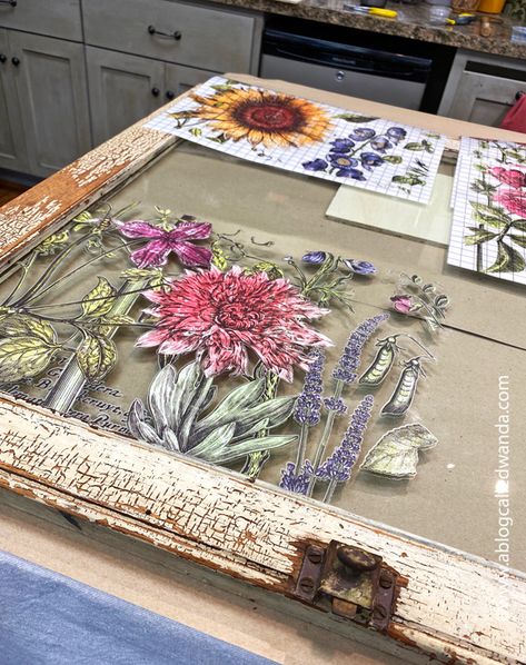 Diy Rub On Transfer, Flower Transfers, Transfers On Windows, Diy Window Frame Decor Ideas, Iod Transfers On Windows, How To Paint On Glass Windows, Iron Orchid Designs Transfers, Iron Orchid Designs Ideas, Antique Window Art