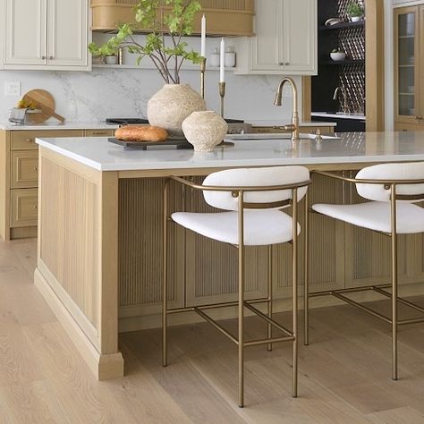 A modern kitchen look 🤍 Our Parker Counter Stools feature a sleek silhouette with subtle curves and clean lines. Available at #StyleMeGHD ⠀⠀⠀⠀⠀⠀⠀⠀⠀ Gold Bar Stools, Pillow Storage, Wooden Counter, Counter Height Chairs, Cream Fabric, Modern Coastal, Bar Counter, Fabric Seat, Kitchen Wall Decor